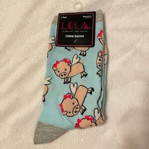 Lola Light Blue Crew Socks flying pigs